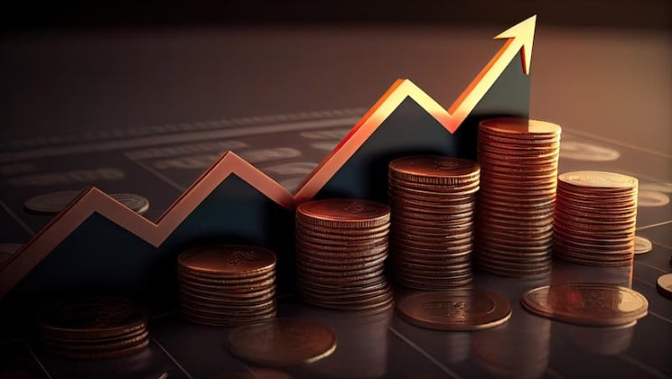 ações de dividendos: imagem de seta para o alto, sobre pilhas de moedas