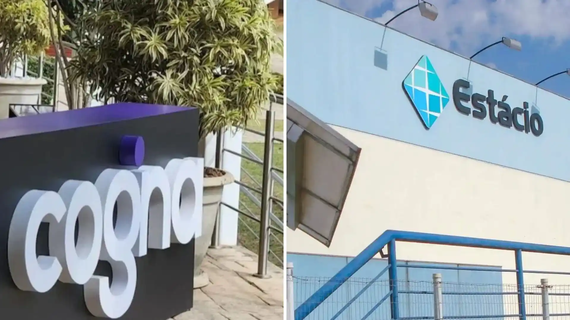 Fachadas das sedes da Cogna e da Estácio, controlada pela Yduqs, em montagem ilustrativa sobre negociações de fusão