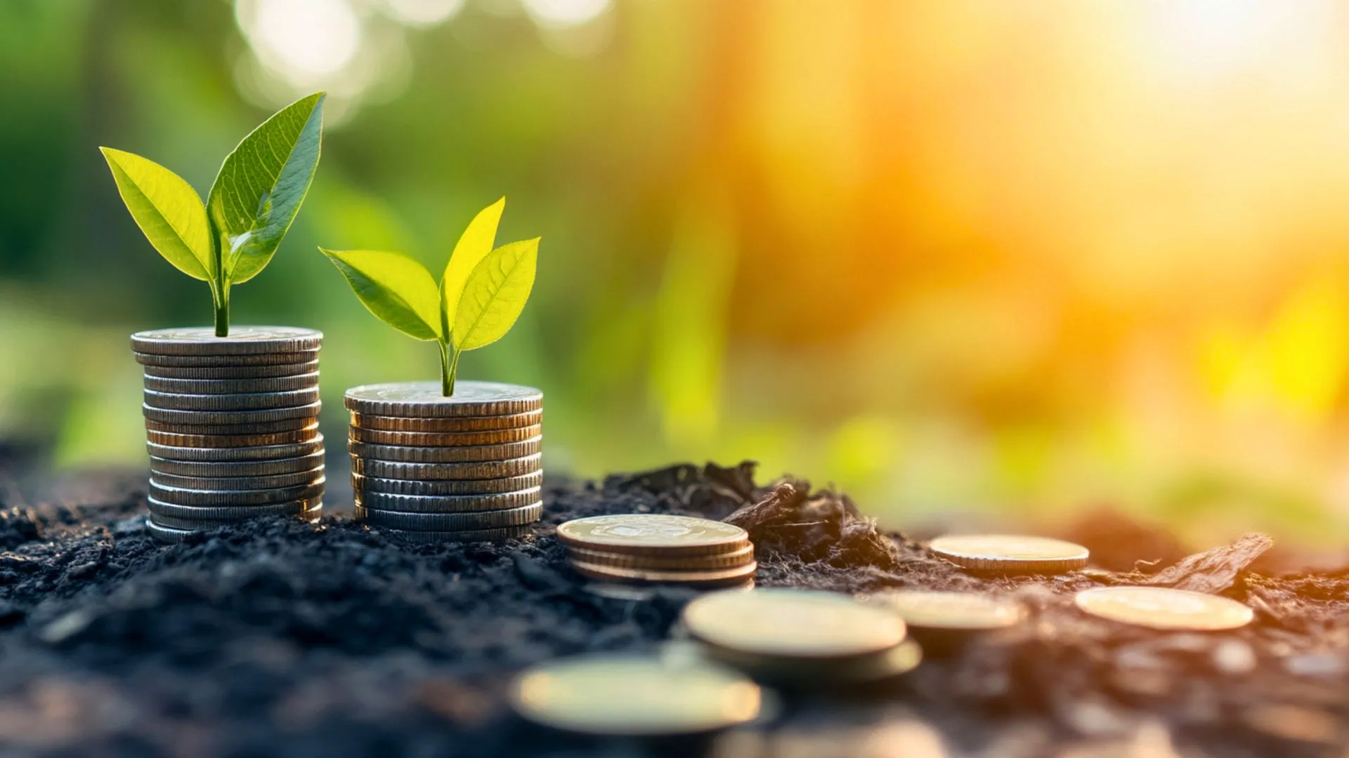 Montinhos de moedas com brotos verdes simbolizando crescimento de renda passiva