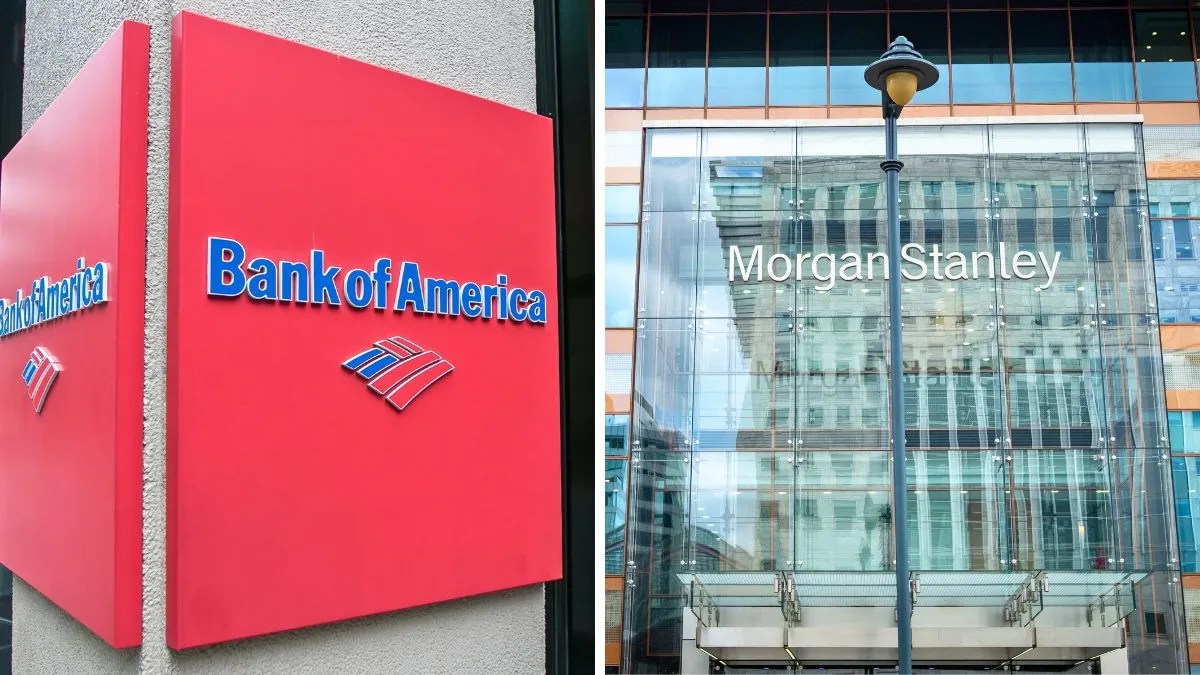 Fachadas de edifícios do Bank of America e Morgan Stanley, representando o desempenho financeiro.