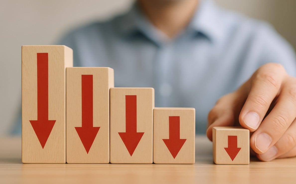Economia em desaceleração: imagem de blocos de madeira com setas vermelhas indicando queda