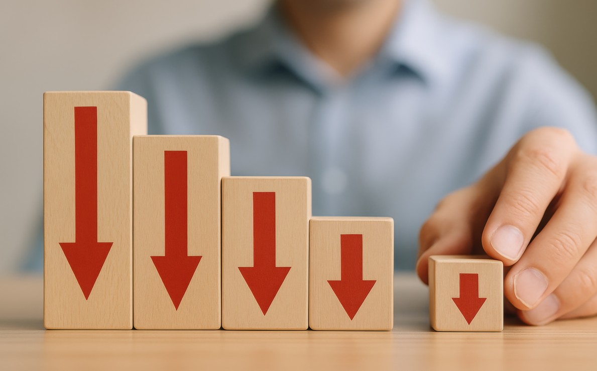 Economia em desaceleração: imagem de blocos de madeira com setas vermelhas indicando queda