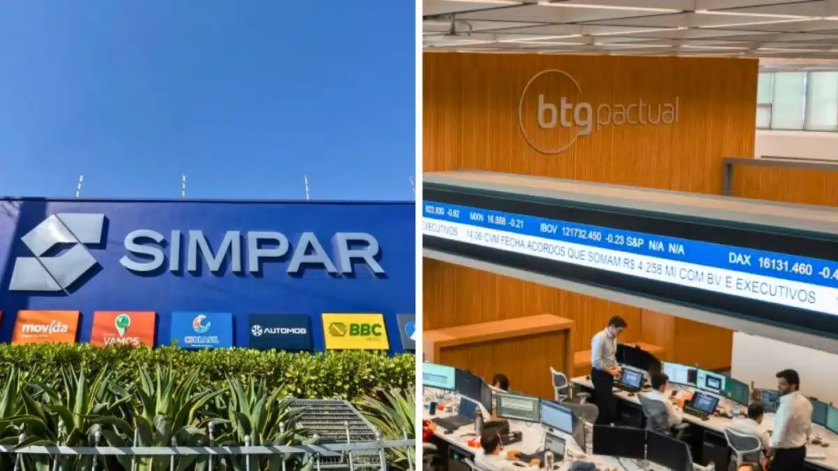 Colagem mostrando o logo da Simpar e o interior do escritório do BTG Pactual, com operadores em suas mesas.