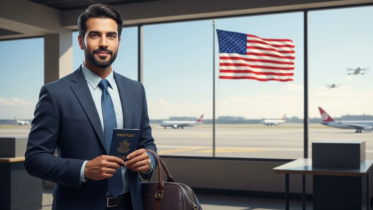 Homem de terno em um aeroporto, segurando um passaporte americano e com a bandeira dos Estados Unidos ao fundo.