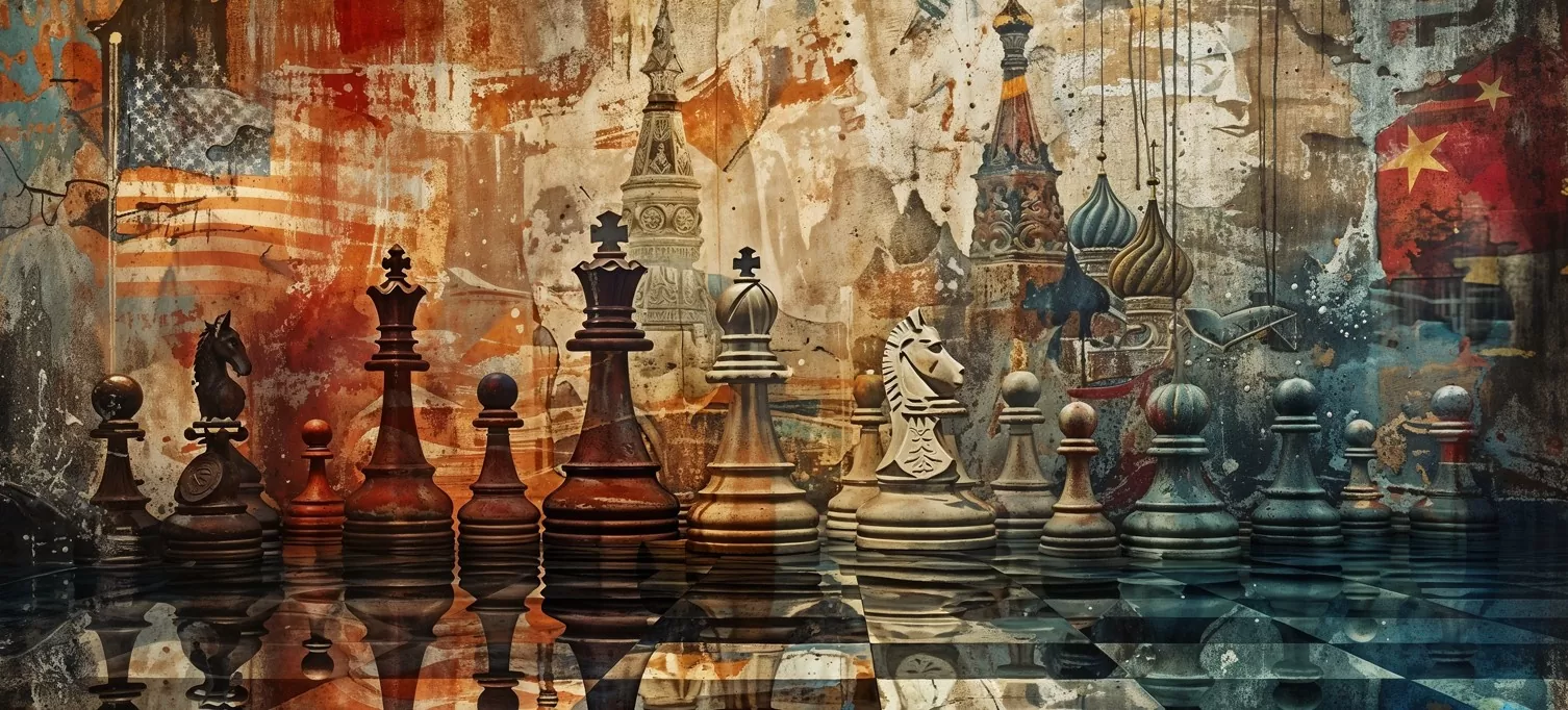 China e a nova ordem global: imagem de montagem onde se vê um tabuleiro de xadrez e as bandeiras da China e dos EUA