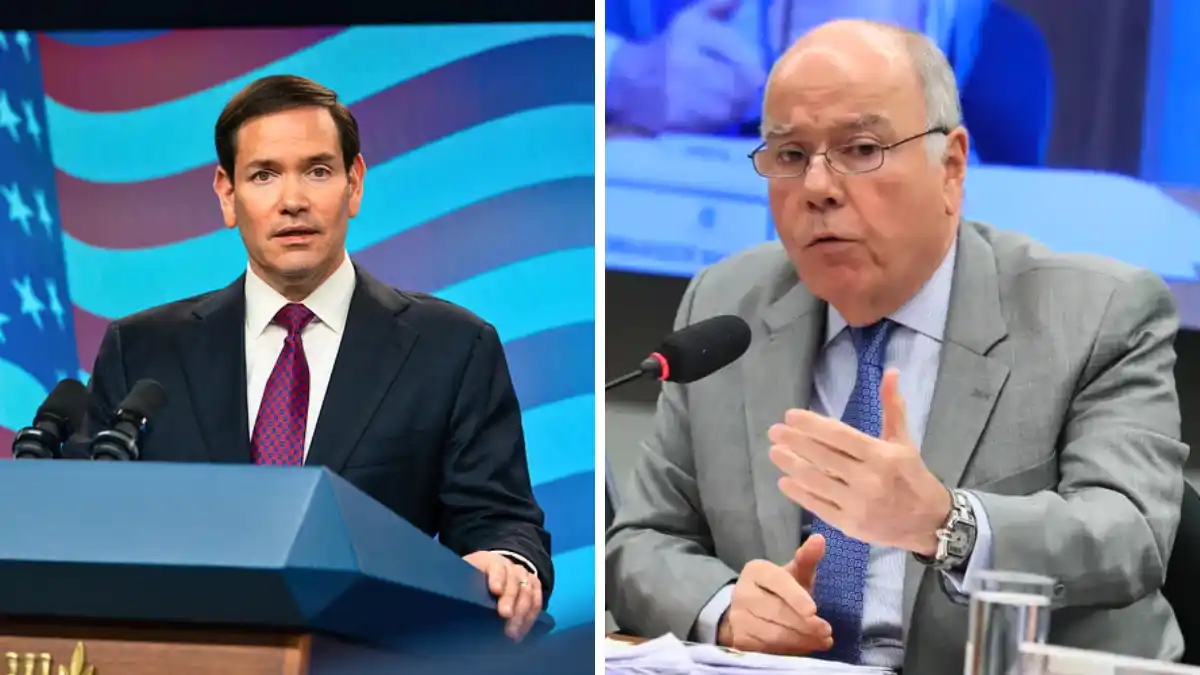 Colagem dos políticos Marco Rubio (EUA) e Mauro Vieira (Brasil) em poses de discurso, simbolizando a negociação diplomática.