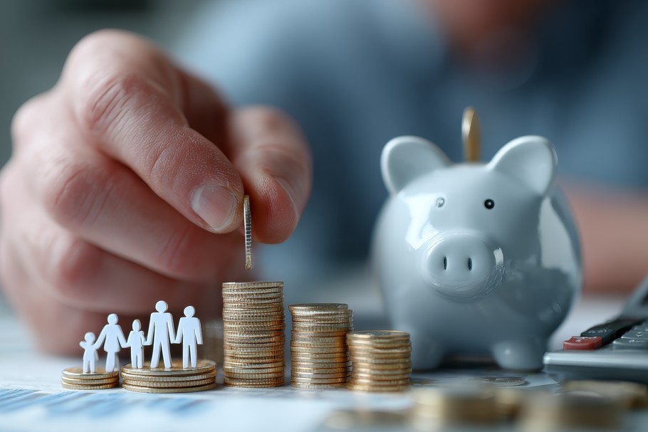 novo IOF e VGBL: imagem de mão masculina empilhando moedas, com cofre e bonecos representando família ao lado