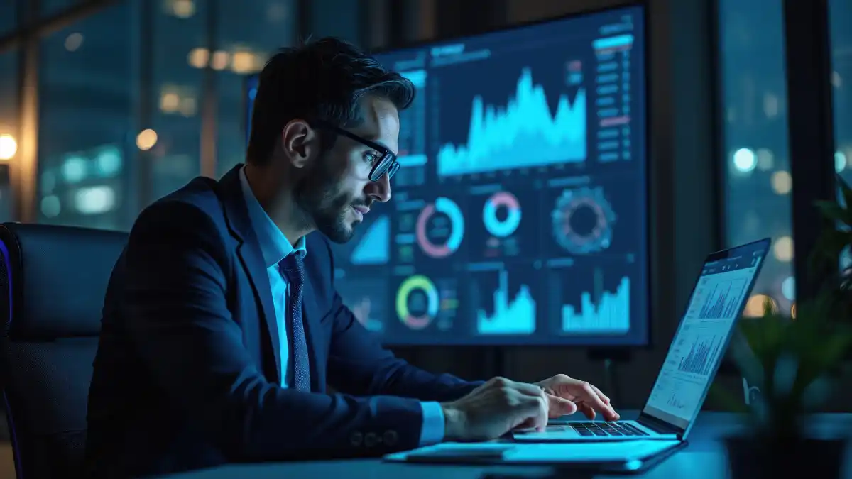 Close-up de um investidor digitando em um laptop com gráficos e dados financeiros em holograma, simbolizando a tecnologia de inteligência artificial da Carteira Quant Experience.