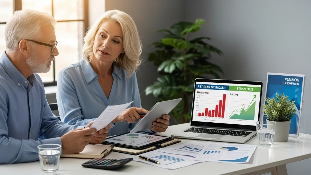 Casal maduro analisando documentos e gráficos de rendimento em um tablet e laptop, discutindo se devem optar pelo resgate ou renda da previdência privada.