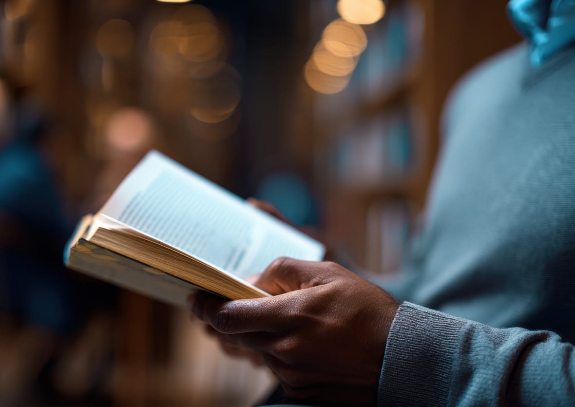 Imagem de homem lendo livro em uma biblioteca. Sugestões de livros por Stephan Kautz