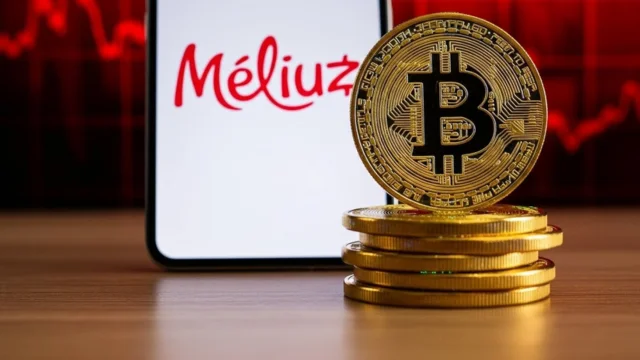 Logotipo da Méliuz em tela de celular e pilhas de moedas de Bitcoin, simbolizando o fim da parceria com o Banco BV e o aumento da dependência da empresa em relação ao mercado de criptomoedas.