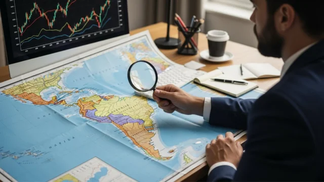 Um homem de terno analisando um mapa da América Latina com uma lupa sobre uma mesa de escritório, com um monitor ao fundo exibindo gráficos de mercado financeiro em 2026.