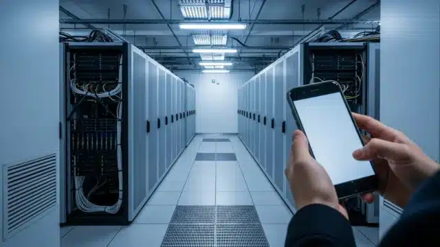 Mãos segurando um smartphone em primeiro plano com o fundo exibindo corredores de um data center, ilustrando os vetores de crescimento das Big Techs em 2026.