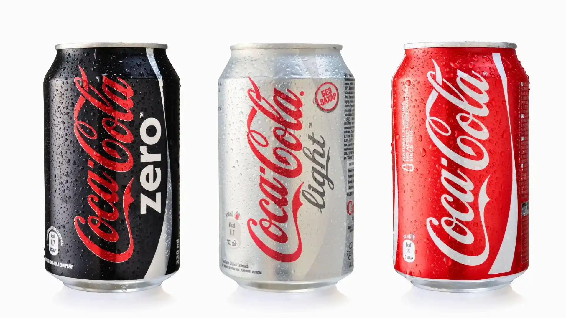 Latas de Coca-Cola, Coca-Cola Light e Coca-Cola Zero lado a lado