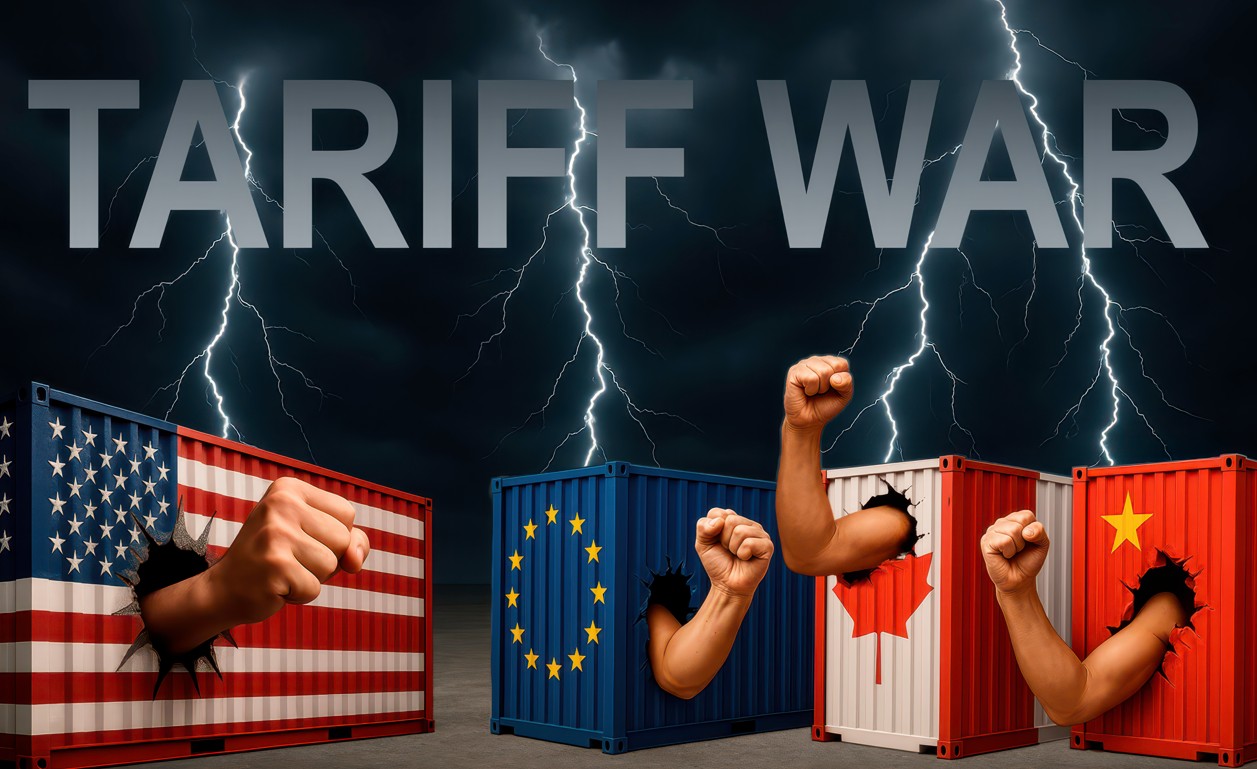 Guerra tarifária: imagem coloca braços em posição de luta em containeres de diversos países