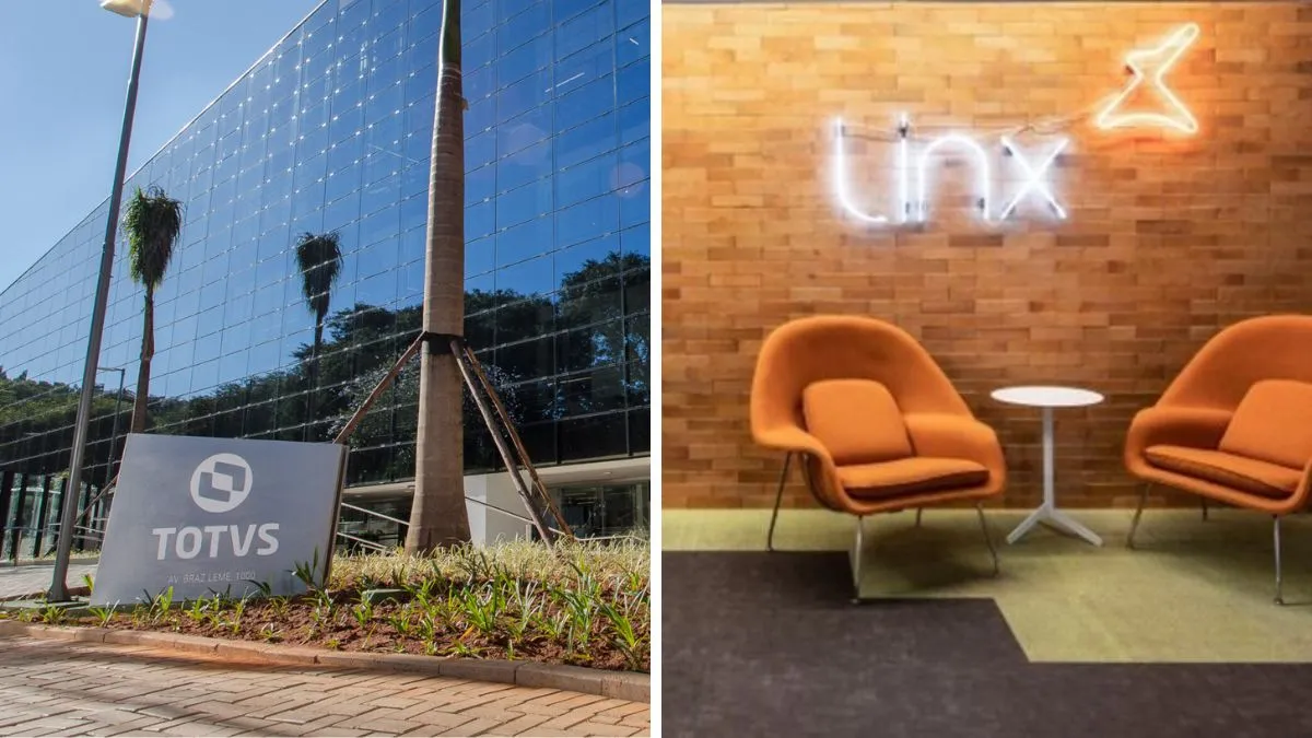 Fachadas ou logotipos da Totvs e Linx, simbolizando a aquisição