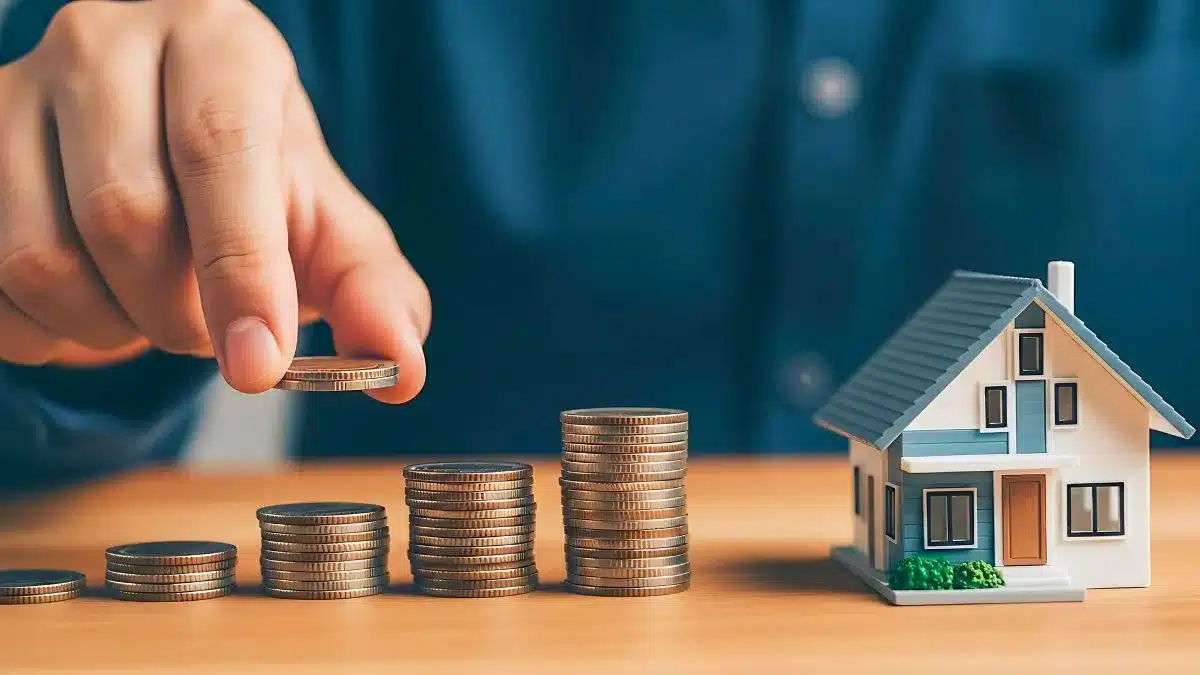 Mãos empilhando moedas ao lado de uma casa em miniatura