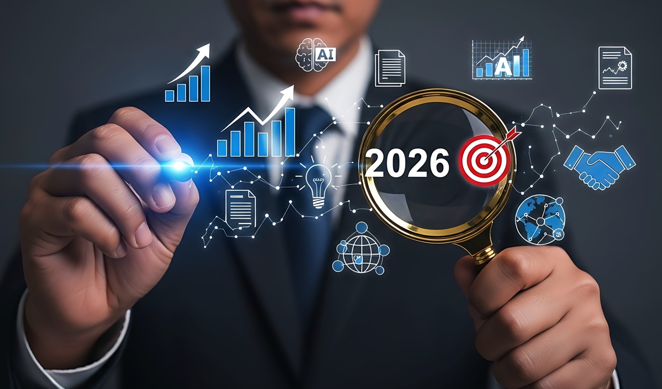 Melhores investimentos 2026: imagem de homem de gravata analisando ícones de investimentos, onde se vê escrito 2026 ao lado de um alvo