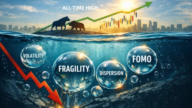 Ilustração conceitual de mercado financeiro mostrando touro e urso acima da água com gráfico de alta, enquanto bolhas com palavras como "Volatility" e "Fragility" estão submersas, ilustrando a tese de bolha bofa.