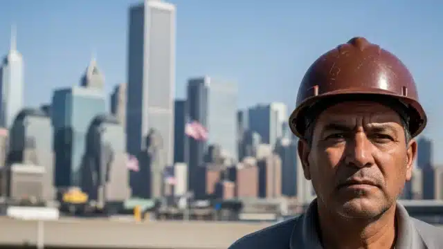 Retrato em close de um trabalhador de capacete com o horizonte de prédios de uma cidade americana ao fundo, ilustrando o tema imigração eua.