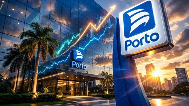 Edifício moderno com o logotipo da seguradora Porto ao entardecer, apresentando um gráfico de linha ascendente com oscilações, ilustrando a análise sobre a ação da porto rebaixada.