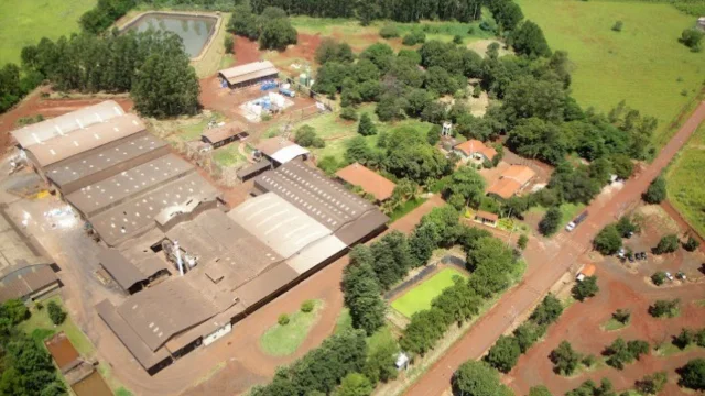 Vista aérea da planta industrial da Nutriplant, com galpões de telhado escuro rodeados por vegetação densa e solo de terra vermelha, representando as operações da empresa nutriplant.