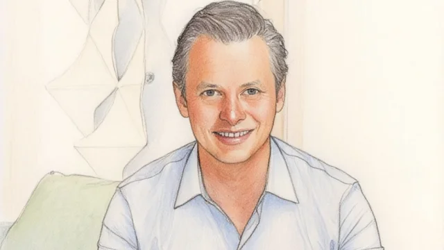 Ilustração em estilo desenho a lápis colorido de José Cláudio Securato, com uma camisa social azul clara e um sorriso suave, em um ambiente de escritório, representando o especialista para a entrevista sobre letramento em finanças.