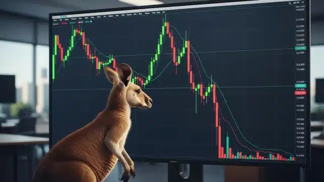 Um canguru posicionado ao lado de um monitor de computador que exibe um gráfico de velas (candlestick) com grandes oscilações e uma forte tendência de queda em vermelho, ilustrando a teoria do canguru.