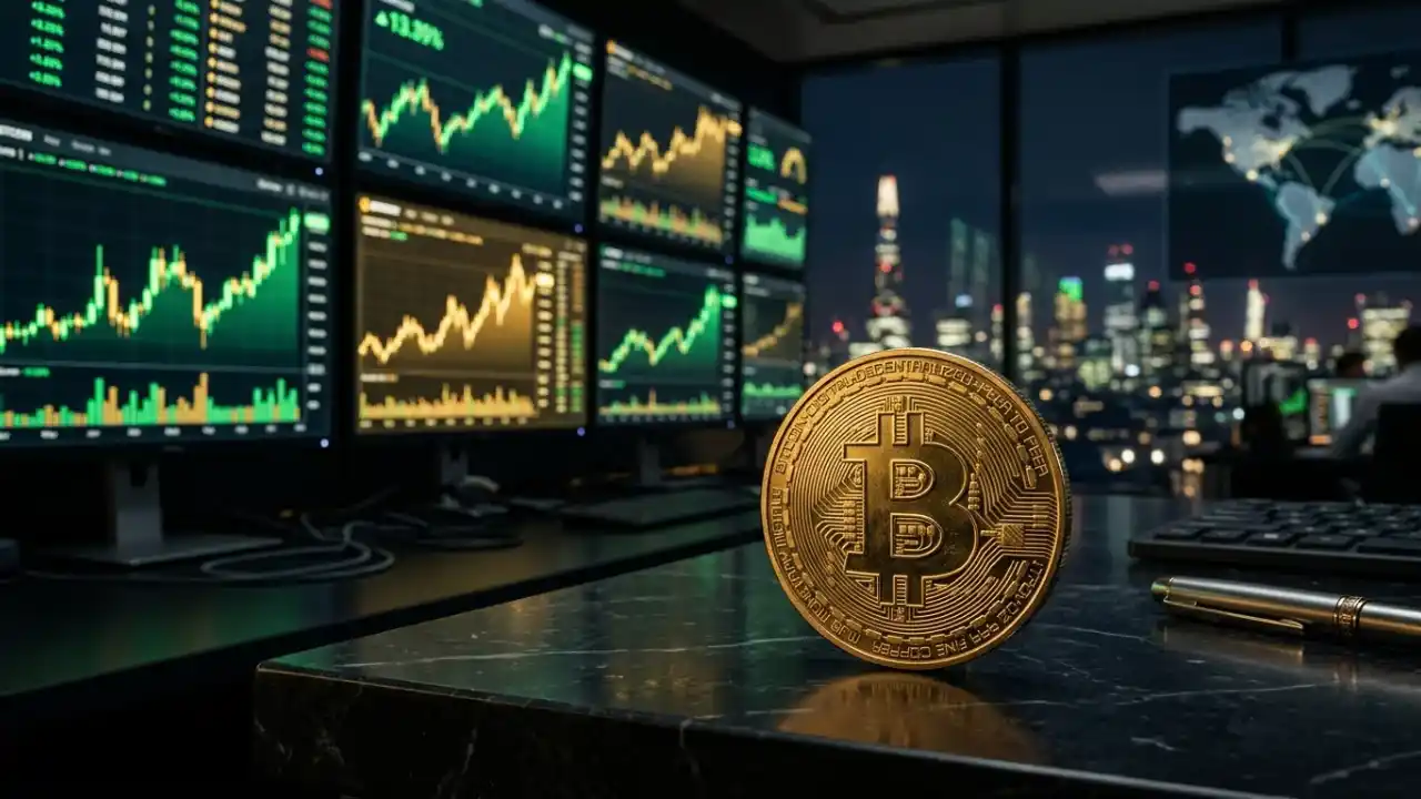 Uma moeda física de Bitcoin dourada e brilhante em pé sobre uma superfície de vidro escura e reflexiva. Ao fundo, um monitor exibe um gráfico de velas (candlesticks) verdes em forte tendência de alta e luzes azuis tecnológicas desfocadas.