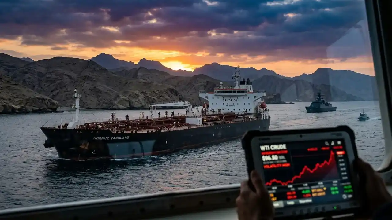 Composição visual dividida. No topo, uma frota de navios petroleiros navega pelo Estreito de Ormuz sob um céu carregado. Na parte inferior, um terminal financeiro exibe o gráfico do petróleo Brent em forte alta, superando a marca de US$ 103, com indicadores de PMIs globais ao lado.