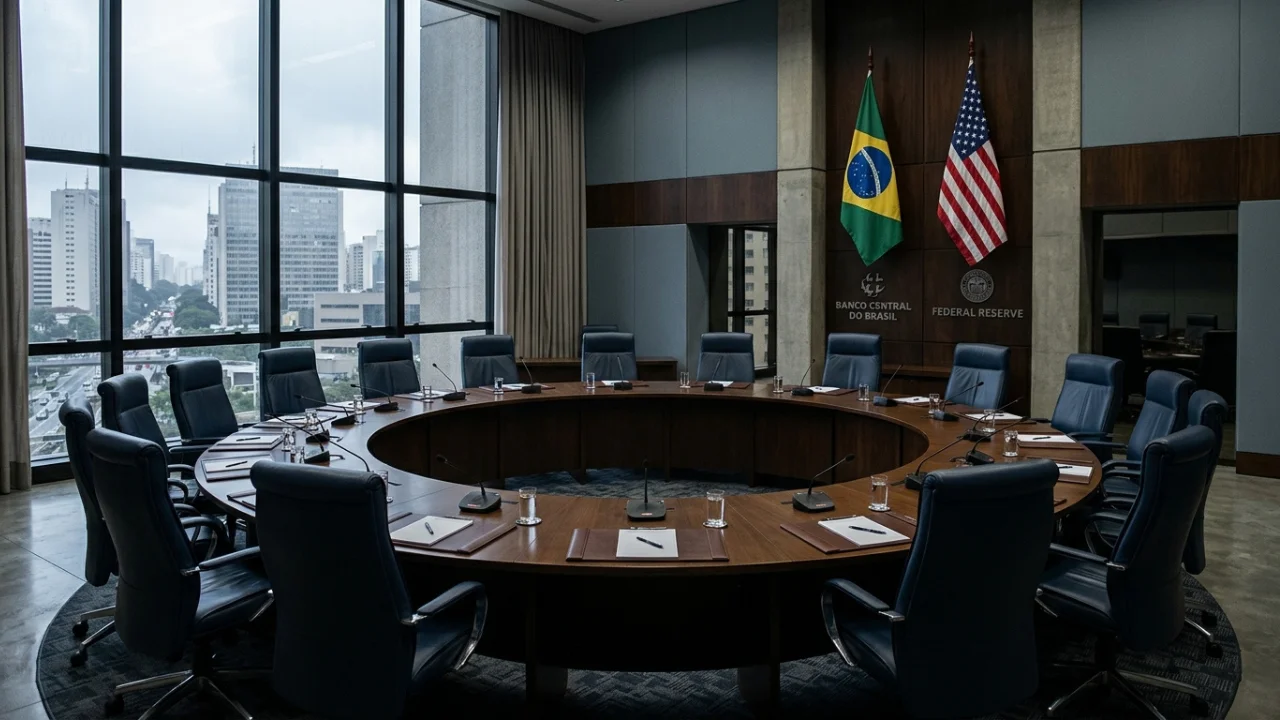 Sala de reuniões circular com cadeiras de couro azul e mesa de madeira escura. Na parede de fundo, as bandeiras do Brasil e dos Estados Unidos estão posicionadas lado a lado, com os logotipos do Banco Central do Brasil e do Federal Reserve gravados na madeira abaixo delas. Grandes janelas de vidro revelam uma vista urbana de prédios sob um céu nublado.