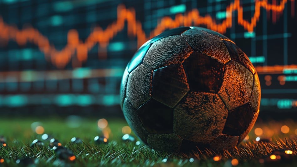 qual a melhor escalação para sua carteira de investimentos: imagem de bola em campo de futebol e gráfico de ações ao fundo