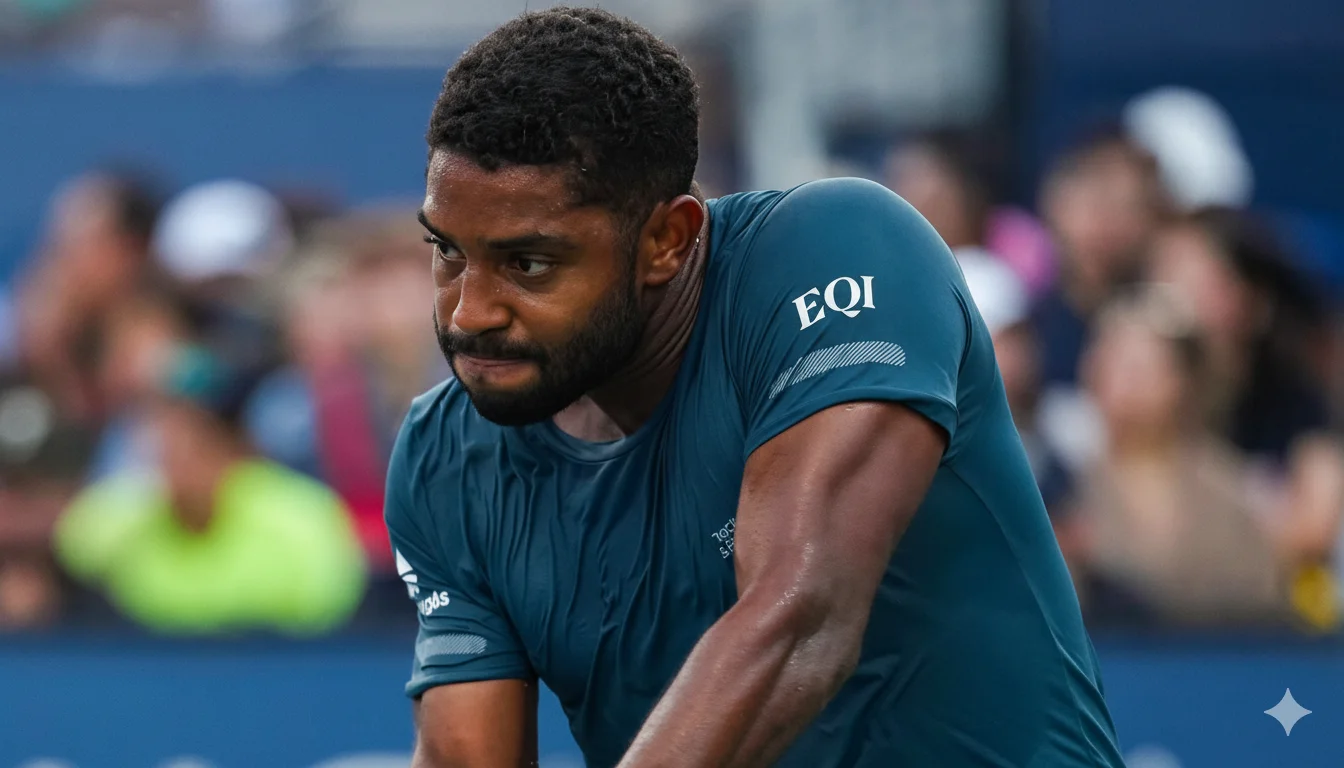 O tenista João Lucas Reis em quadra, usando uma camisa com o logo da EQI.