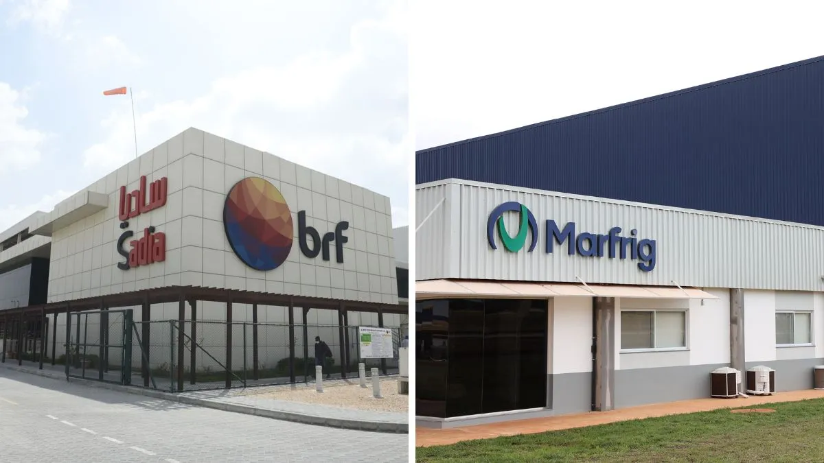 Fachadas das sedes ou fábricas da BRF e da Marfrig, ilustrando a fusão das empresas