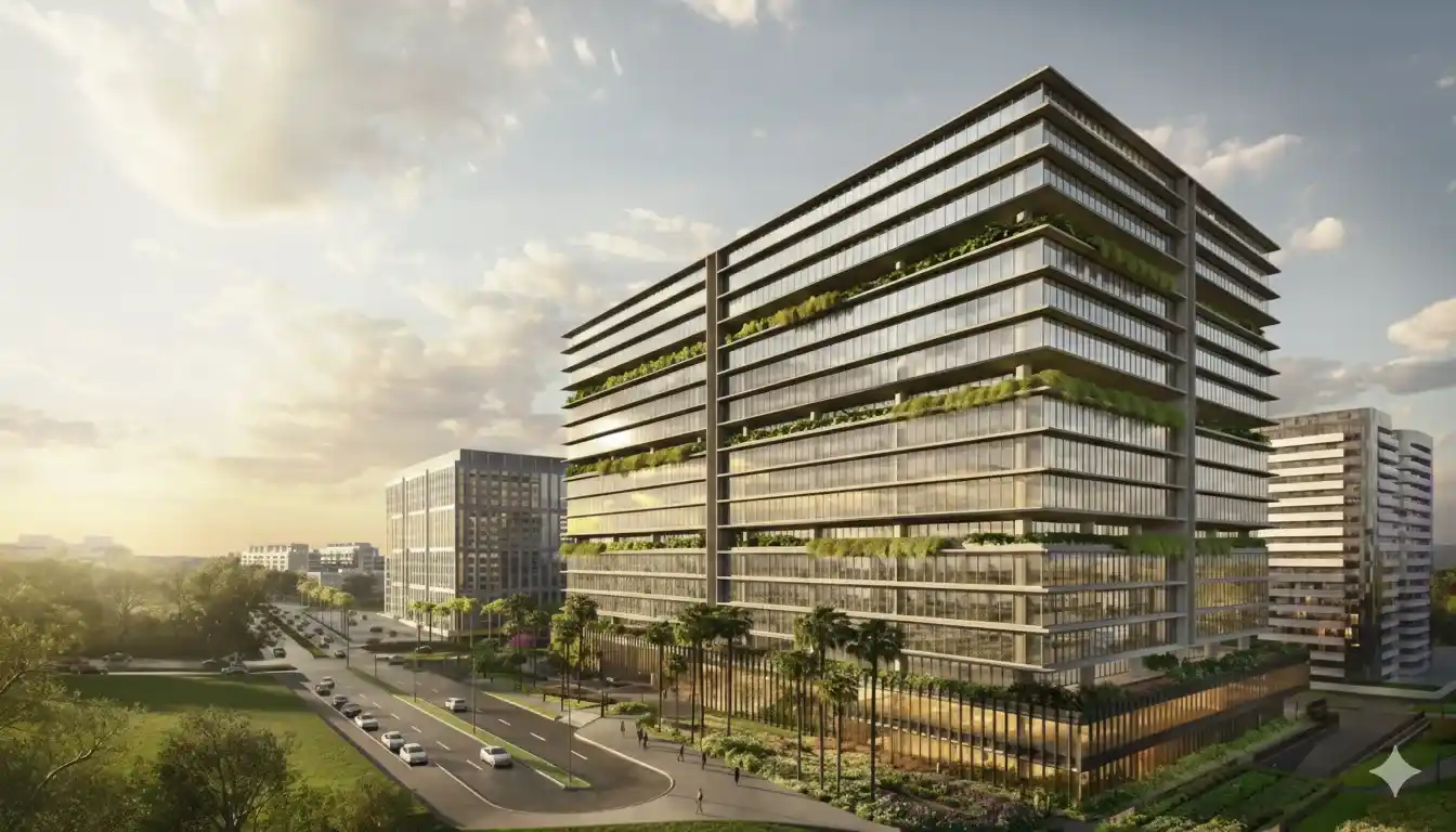 Vista da fachada moderna e envidraçada do edifício Lotus Tower em Brasília, com jardins verticais.