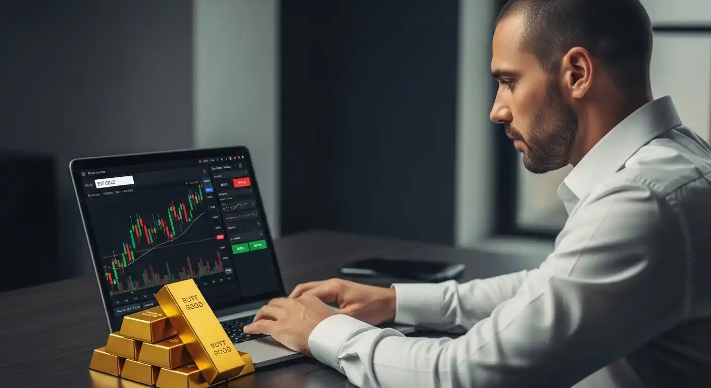 Homem de negócios digitando em um laptop, com barras de ouro (lingotes) empilhadas na frente, e um gráfico de investimento na tela.