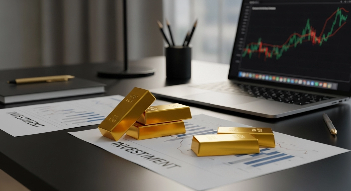 Barras de ouro sobre mesa de trabalho ao lado de notebook com gráfico financeiro.