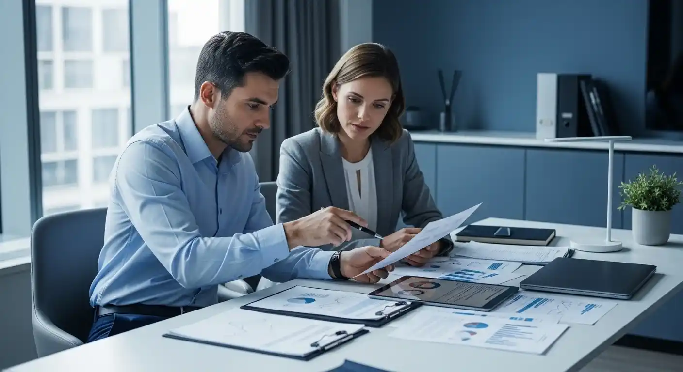 Dupla de planejadores financeiros (um homem e uma mulher) analisando documentos e gráficos de planejamento patrimonial em uma mesa de reunião, em um escritório de alto padrão.
