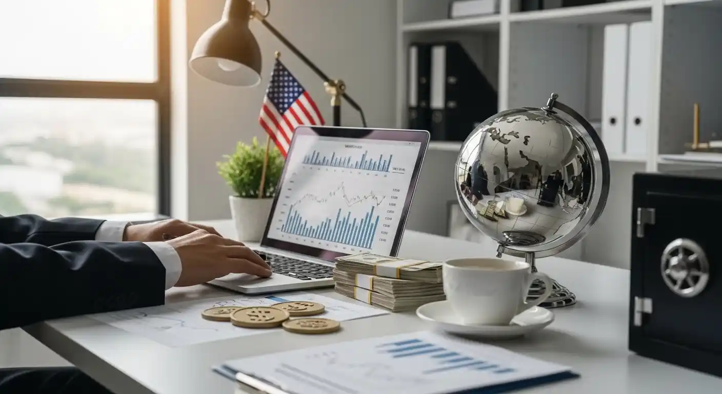 Mãos trabalhando em um laptop que exibe gráficos de dólar e moedas, com um globo e uma bandeira dos EUA na mesa, simbolizando o investimento no exterior e a proteção patrimonial.