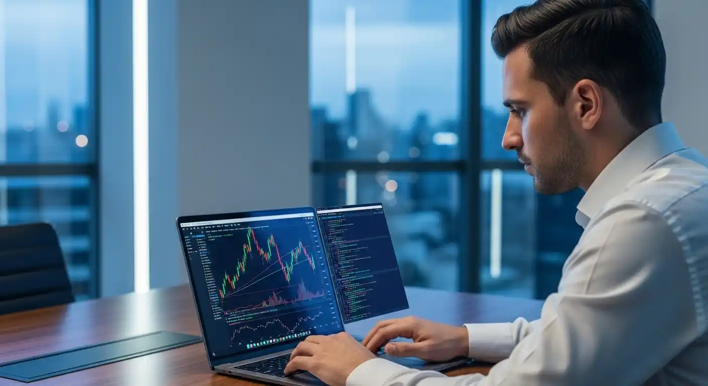 Analista financeiro em um escritório moderno, digitando em um laptop que exibe gráficos de investimento (candlesticks) e inteligência artificial.