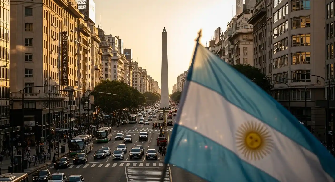 Vista da Avenida 9 de Julio em Buenos Aires, com o Obelisco e uma bandeira da Argentina em primeiro plano, simbolizando o otimismo do mercado.