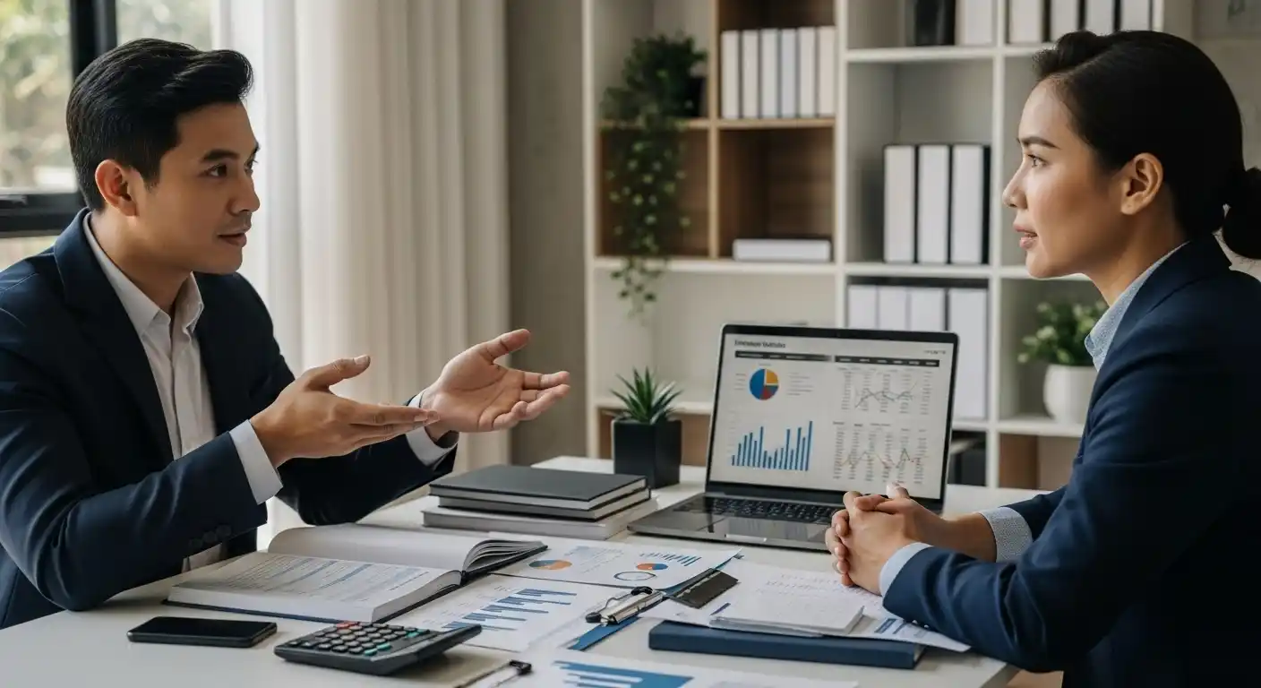 Dois profissionais de negócios em reunião, discutindo gráficos e documentos em um laptop sobre tributação de investimentos.