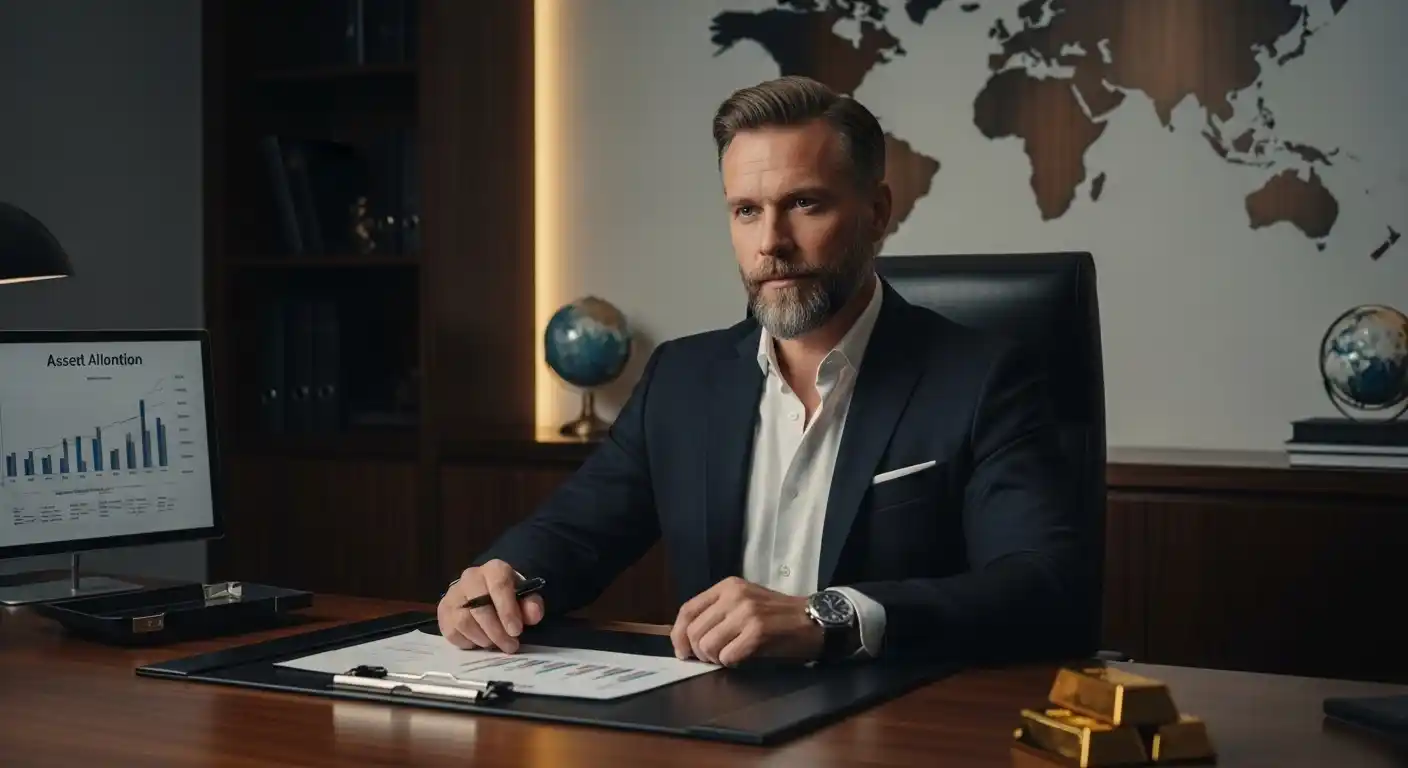 Homem de negócios (executivo/bilionário) em um escritório de luxo, com um globo e um mapa-múndi ao fundo, sobre uma mesa escura e elegante.