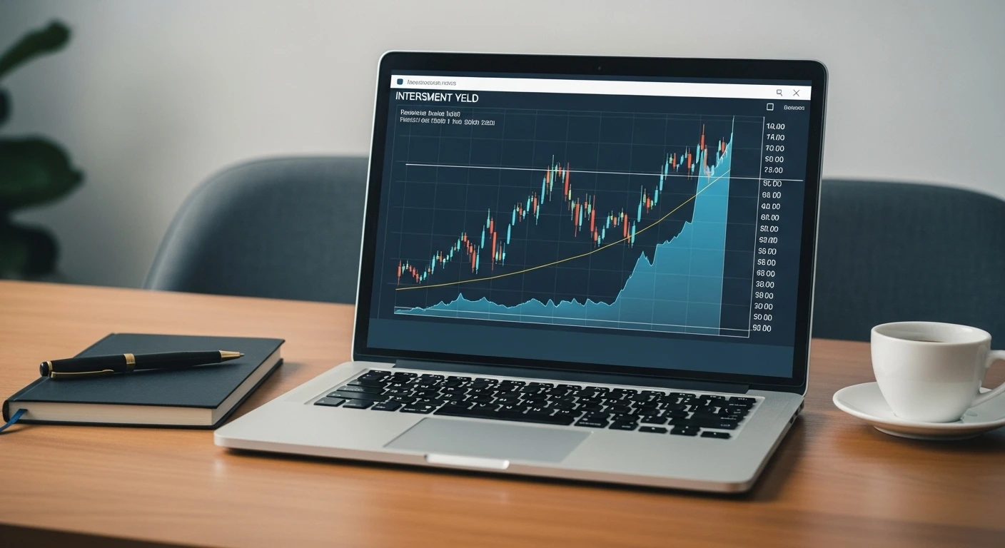 Gráfico de mercado financeiro exibido em notebook sobre mesa de escritório