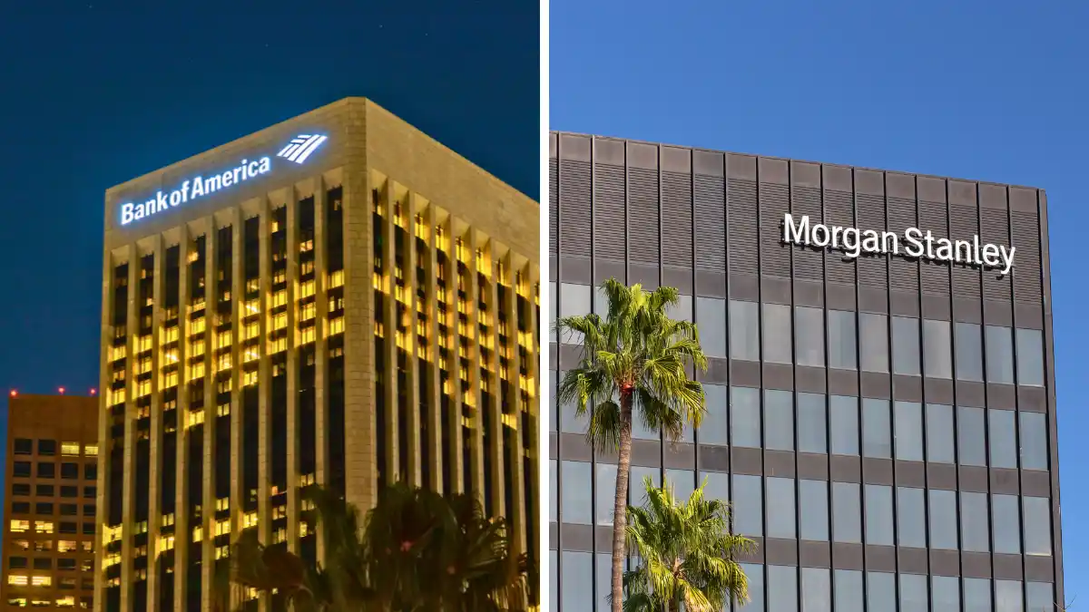 Colagem mostrando as fachadas dos edifícios corporativos do Bank of America (à esquerda) e do Morgan Stanley (à direita), com palmeiras e céu azul, simbolizando o setor financeiro de Wall Street.