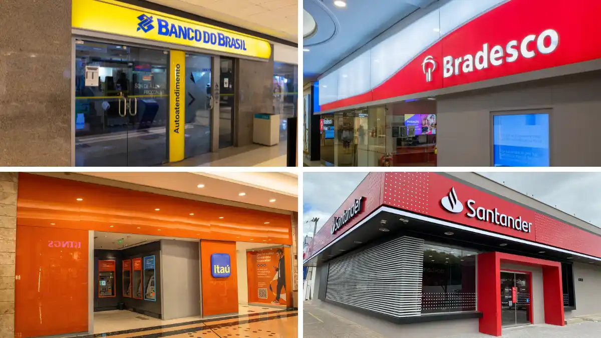 Colagem de fachadas de agências dos principais bancos brasileiros: Banco do Brasil, Bradesco, Itaú e Santander, representando a comparação de dividendos.