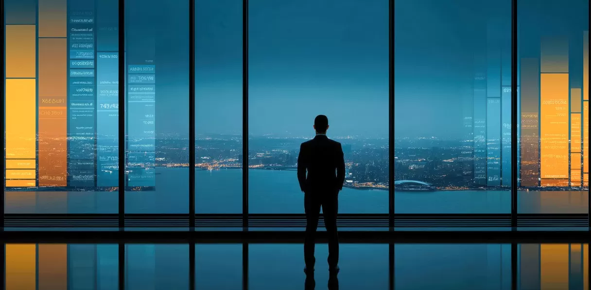 qual seu nível de sofisticação como investidor? Imagem de homem de terno olhando pela janela, onde se vê gráficos de investimentos