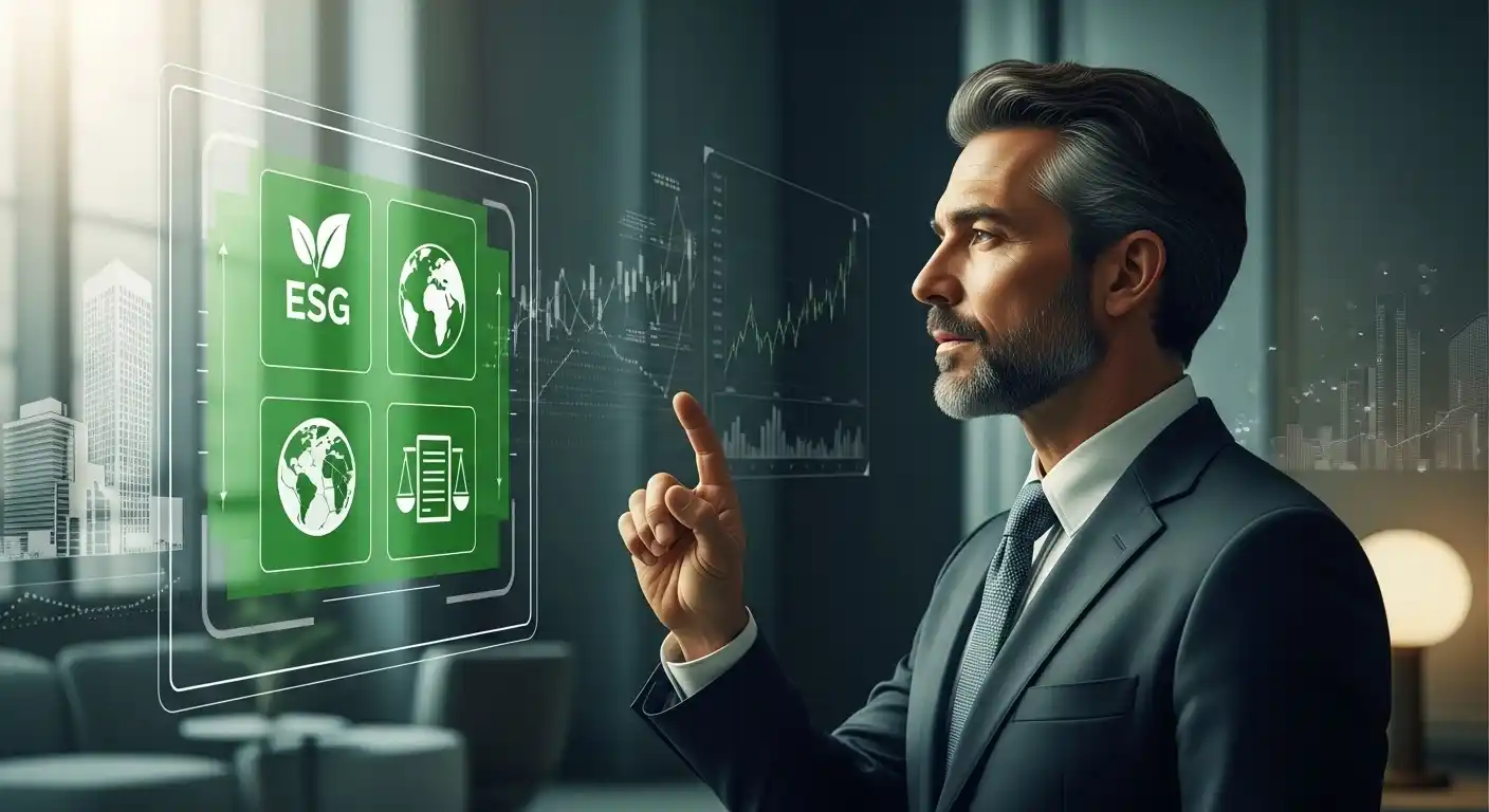 Executivo em um terno, tocando uma interface de holograma que exibe ícones de ESG (Ambiental, Social e Governança), simbolizando o investimento de alto impacto.