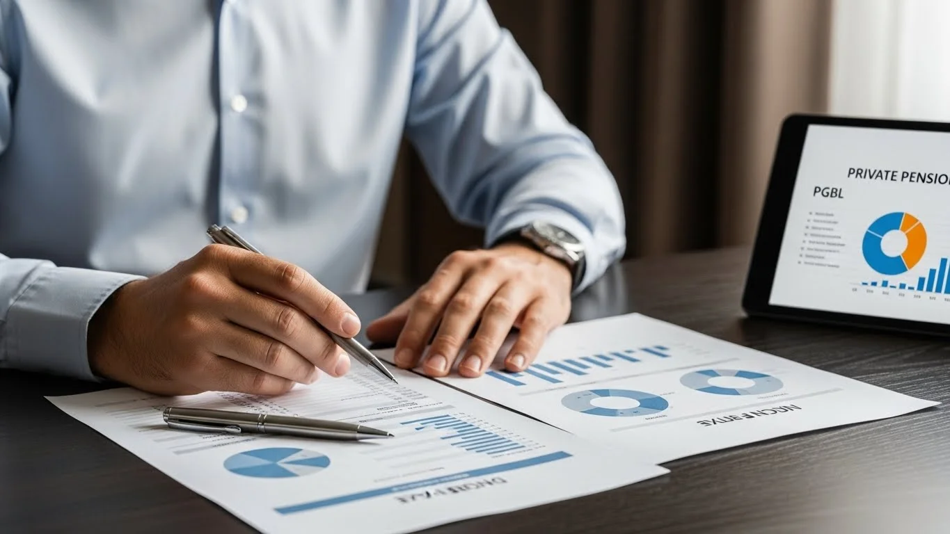 Homem de negócios revisando documentos financeiros e gráficos de planejamento em uma mesa, representando o uso do PGBL para pagar menos Imposto de Renda com a Previdência Privada.