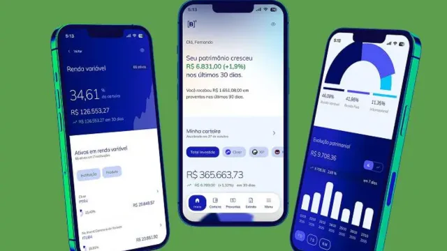 Três telas de celular exibindo gráficos de investimentos e saldo, simbolizando o novo aplicativo da B3 (Bolsa de Valores do Brasil) que permite aos investidores visualizar todos os seus ativos em um só lugar.